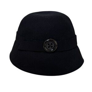 Vintage Black 100% Wool Felt Cloche Bucket Hat Button Accents